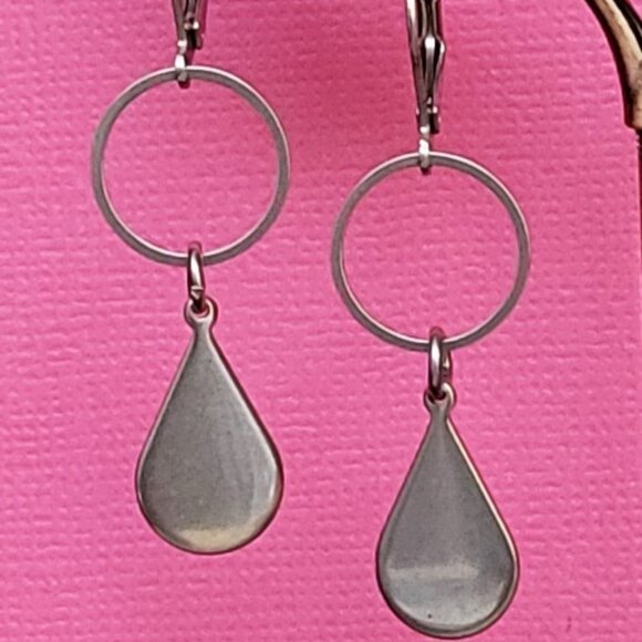 TEARDROP Circle Stainless Steel Lever Back Earrings Minimalist - Picture 3 of 14